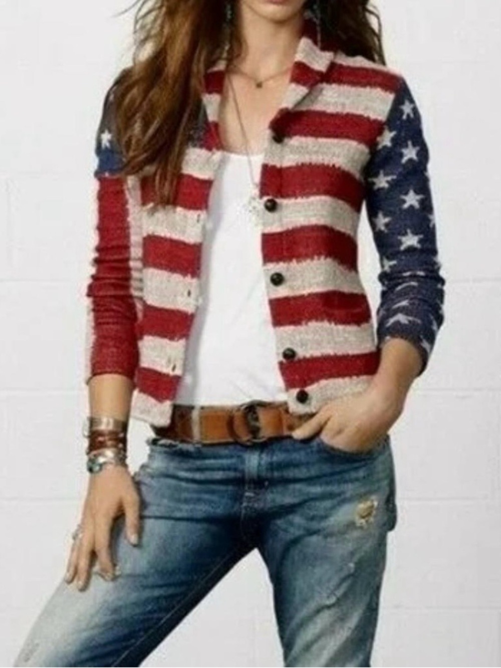 Ralph Lauren Denim Supply USA Flag Stars Stripe Shawl Knit Cardigan Jacket XS